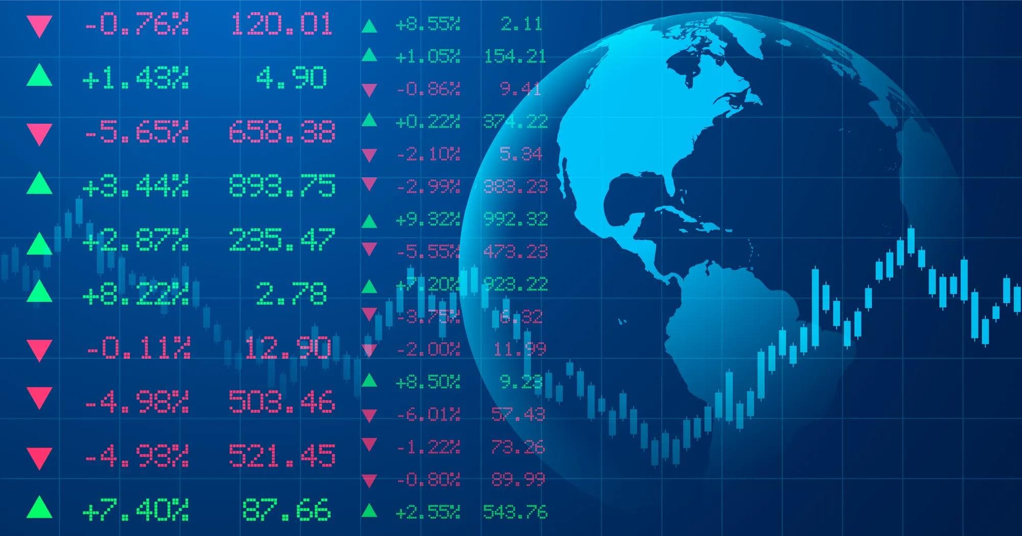 Digital charts and graphs displayed over world map