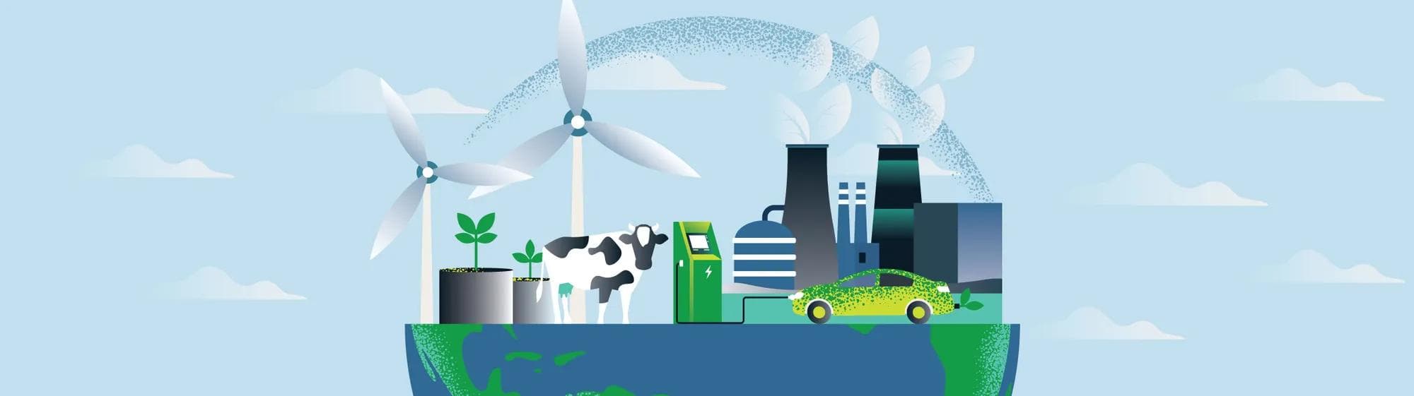 Illustration of planet with windmills, electric vehicle, cow and factory. 
