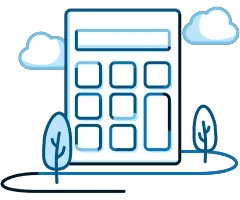 Illustration showing a large calculator towering over an outdoor landscape background that includes two trees and two clouds