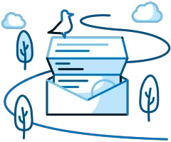 Illustration showing an application coming out of an envelope in an outdoor background which includes clouds, trees and a bird