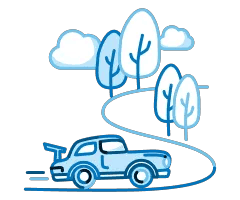 Illustration showing a car driving on a road between some trees on a partly cloudy day