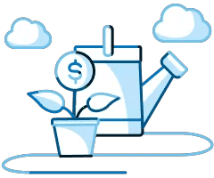 Illustration showing a watering can behind a potted plant, where the primary flower is a circle and has a dollar sign in it
