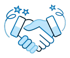 Illustration showcasing two hands of different colors, one white and one blue, coming together and shaking hands, with stars coming off the top to showcase success
