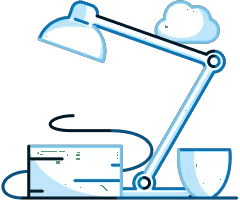 Illustration containing a desk with a lamp, a book and a coffee mug on top of it