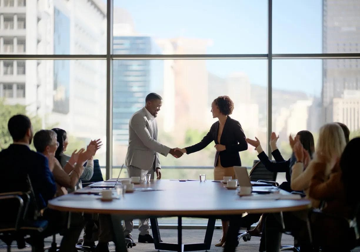 Meeting, handshake and business people in office for interview