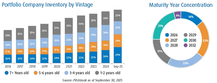 Bar chart showing company age mix from 2016 to Sep25, with older (7+ years) companies rising over time as younger vintages decline.  Doughnut chart showing maturity concentration for 2026–2032, with the largest portions in 2027, 2028, and 2030. 