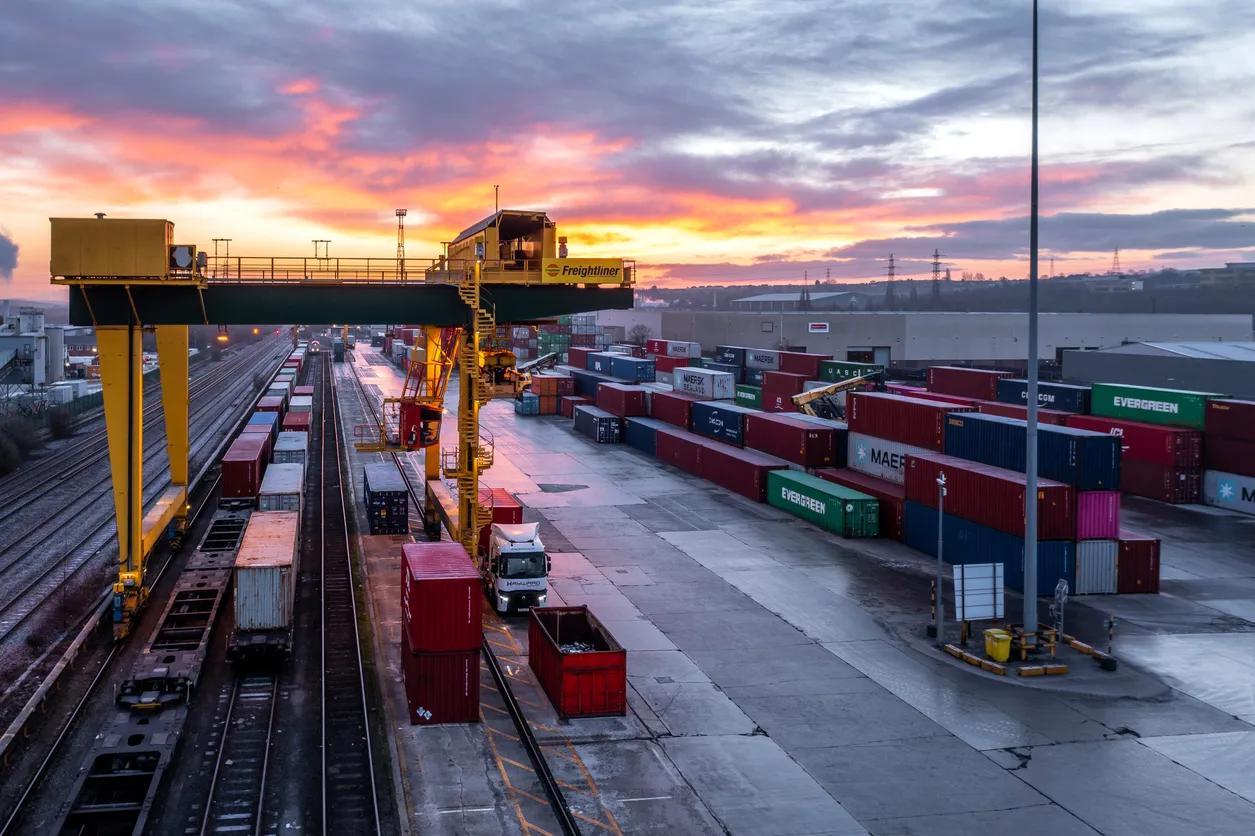 Aerial view of shipping containers at Leeds Freightliner Intermodal Termina