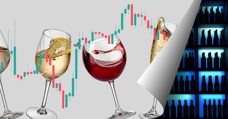 Illustration magazine page flip: Full wine glasses with trading symbols increasing and decreasing