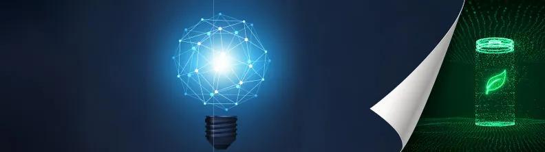 Magazine page flip: animated light bulb and sustainable battery 