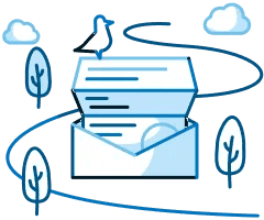 Illustration showing an application coming out of an envelope in an outdoor background which includes clouds, trees and a bird