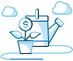 Illustration showing a watering can behind a potted plant, where the primary flower is a circle and has a dollar sign in it