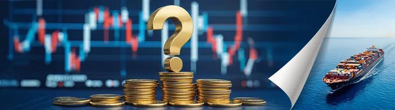 Magazine Page Turn: Question mark on stack of coins with container ship