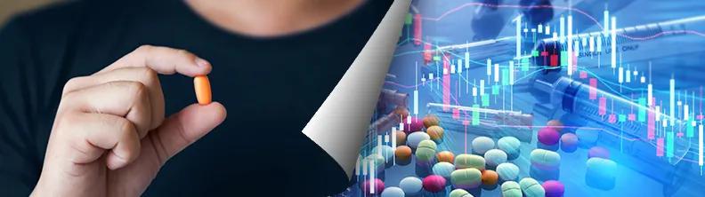 Illustration magazine page flip: GLP-1 pills with trading symbols increasing and decreasing 