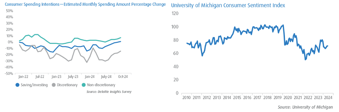 Deloitte Insights Survey results presented on a line graph on Consumer Spending Intentions – Estimated Monthly Spending Amount Percentage Change from January 2022 to October 2024.