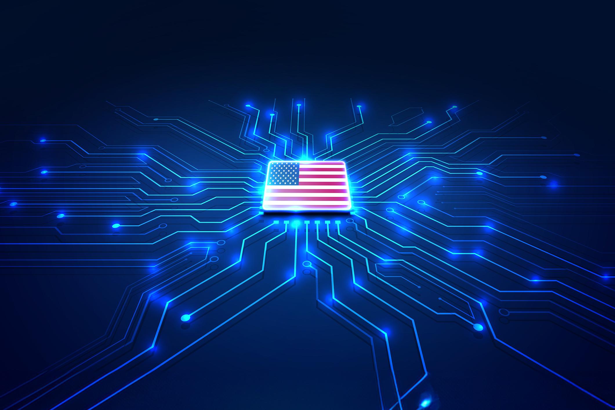 Flag of USA on a processor, GPU microchip on a motherboard
