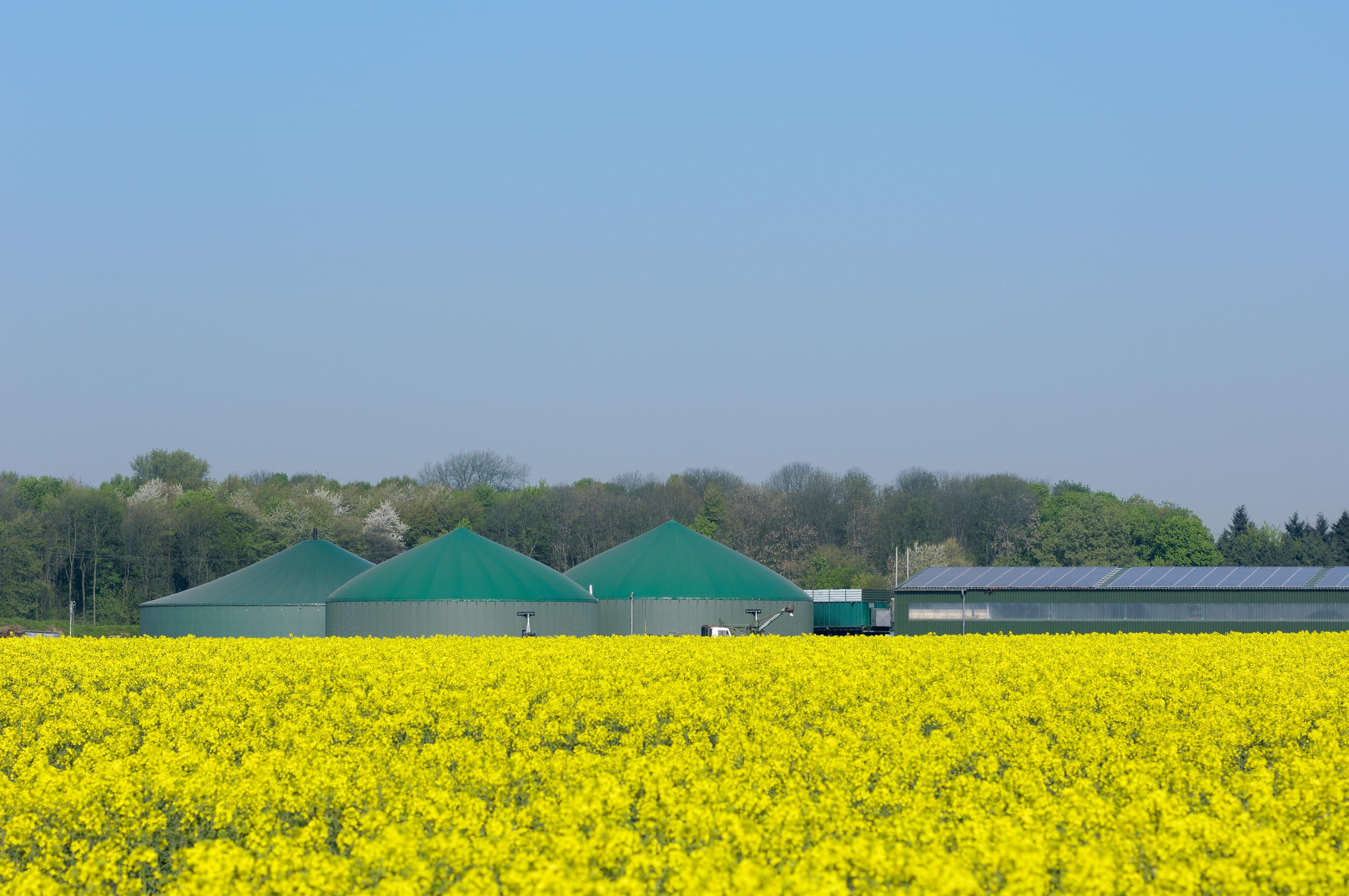 biogas plant and solar panels on a farm building