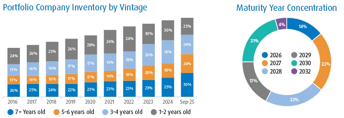 Bar chart showing company age mix from 2016 to Sep25, with older (7+ years) companies rising over time as younger vintages decline. Doughnut chart showing maturity concentration for 2026–2032, with the largest portions in 2027, 2028, and 2030.