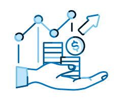 Illustration of a hand holding money with a line graph depicted behind it showing growth