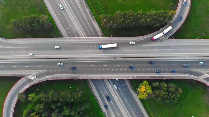 Aerial shot of traffic over intersections