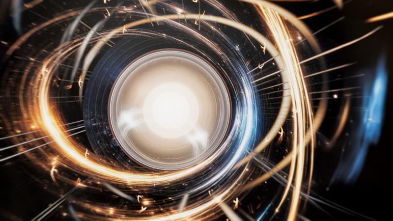 A 3D-rendered image of particles colliding in an accelerator.