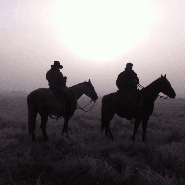 The silhouette of ranchers at Goulds Ranching in Canada.