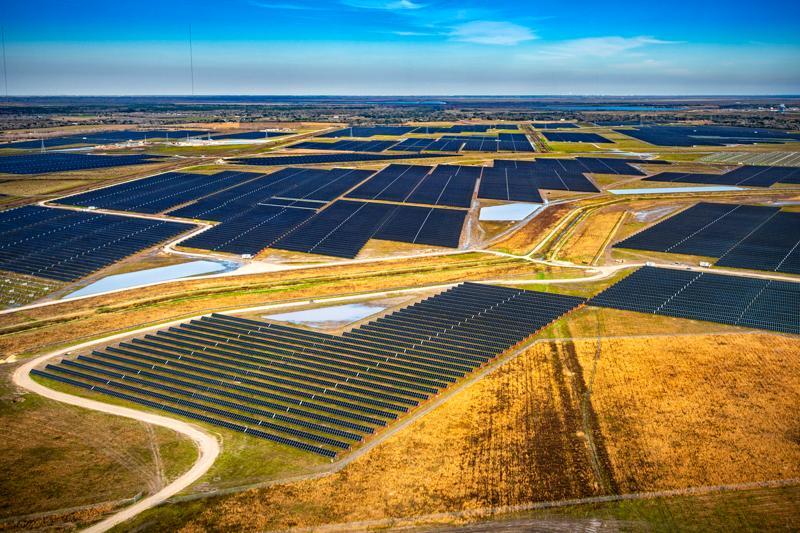 Aerial view of a large solar energy facility located in Liverpool, Texas.