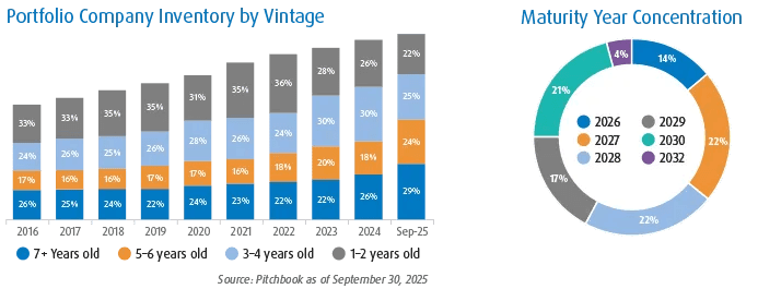 Bar chart showing company age mix from 2016 to Sep25, with older (7+ years) companies rising over time as younger vintages decline. Doughnut chart showing maturity concentration for 2026–2032, with the largest portions in 2027, 2028, and 2030.