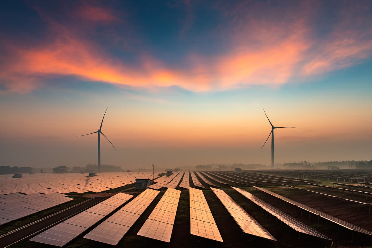 Solar power plants in the dusk
