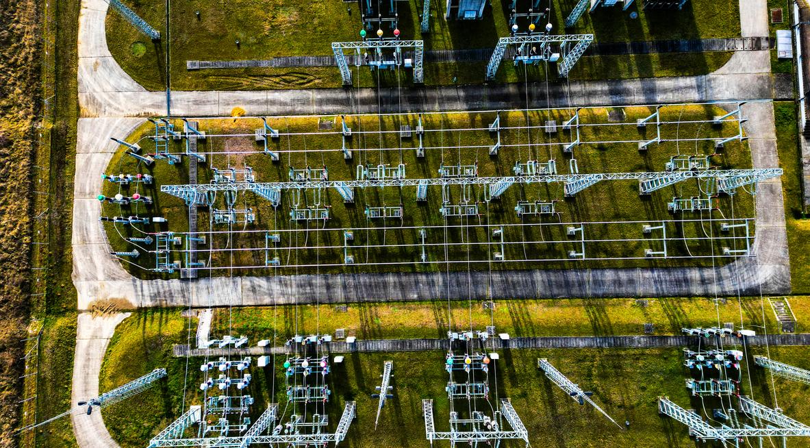 Aerial view of power substation.