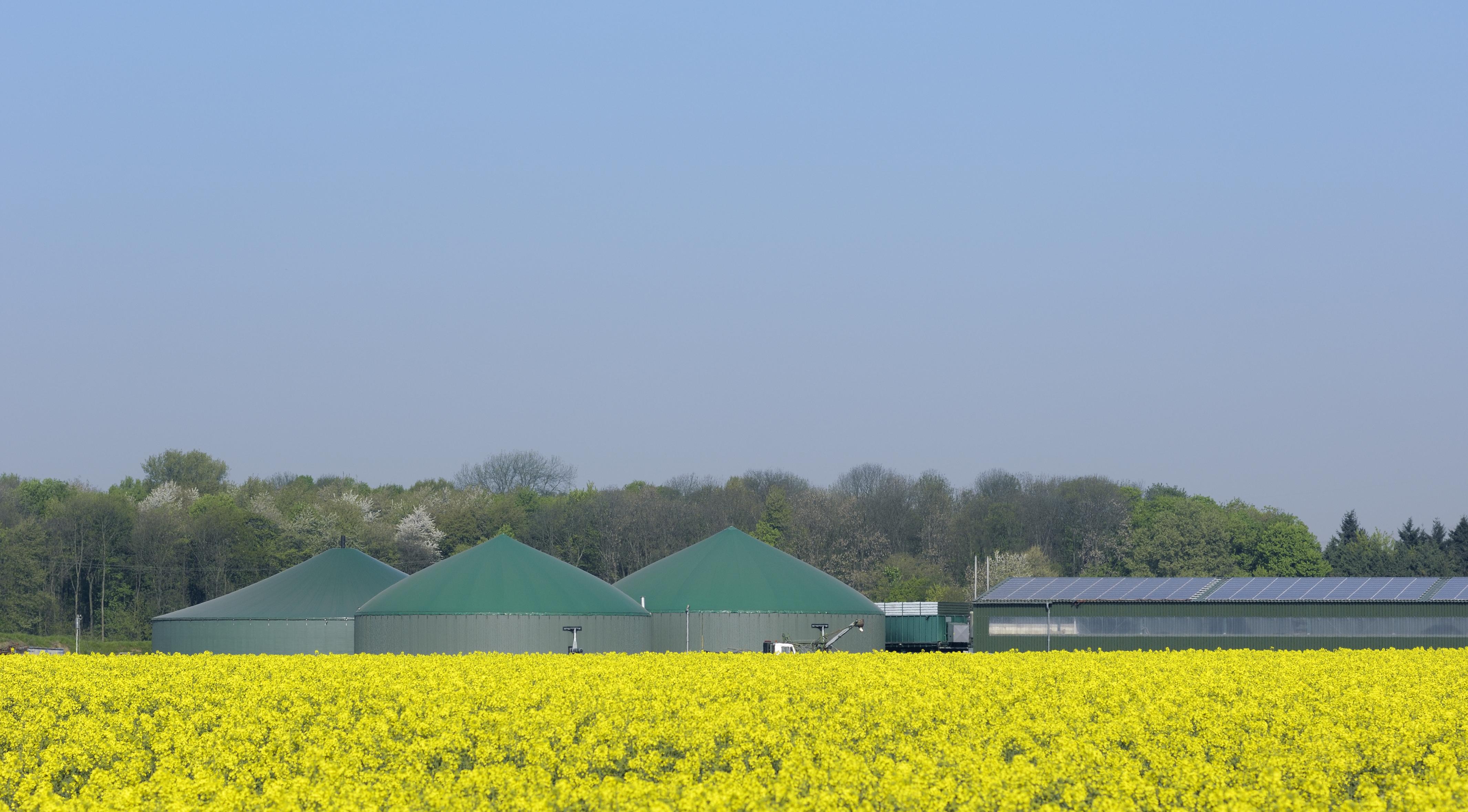 biogas plant and solar panels on a farm building.