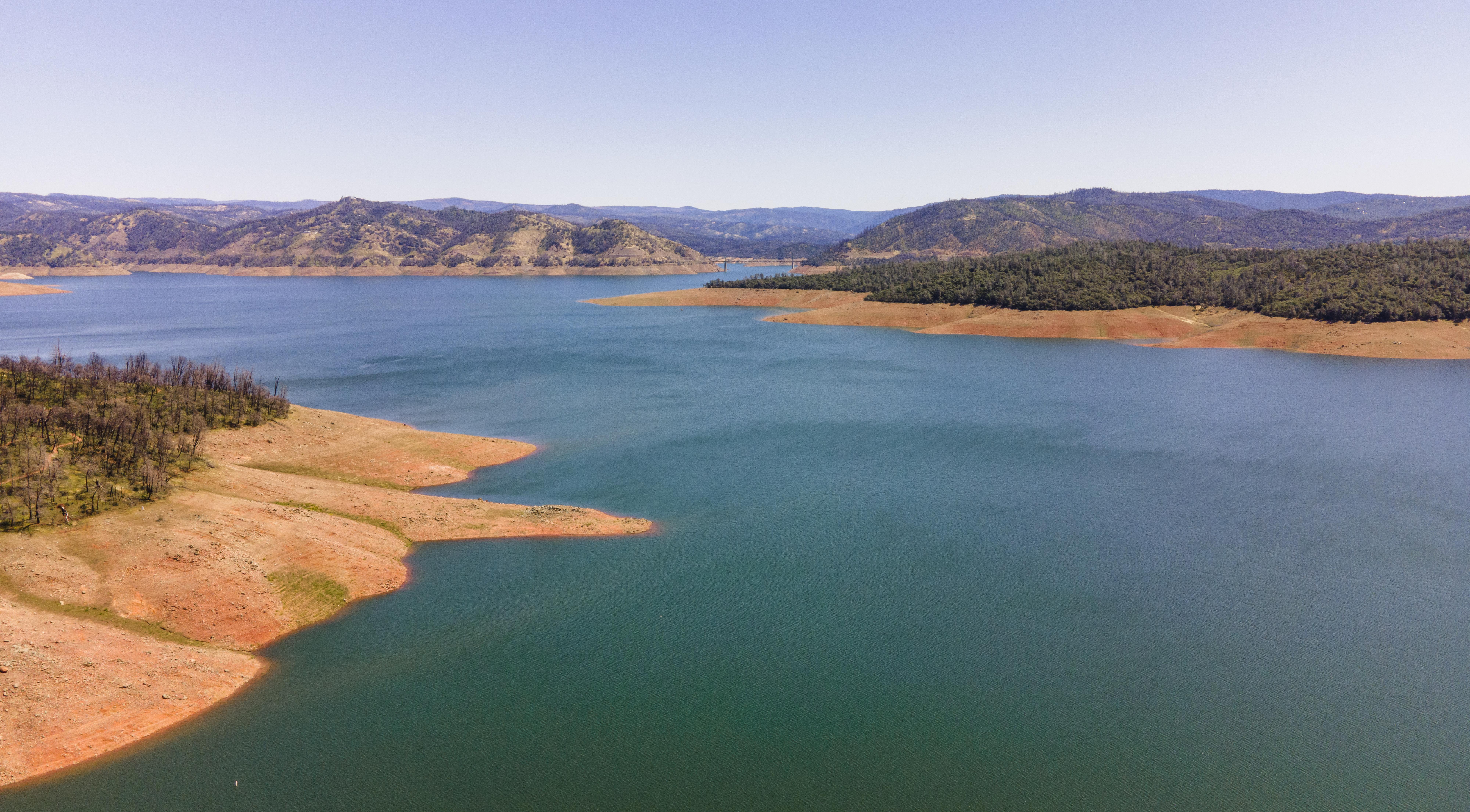 Lake reservoir with very little water in Northern California