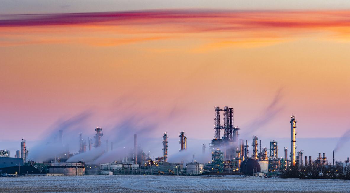 Sunset of refinery complex.