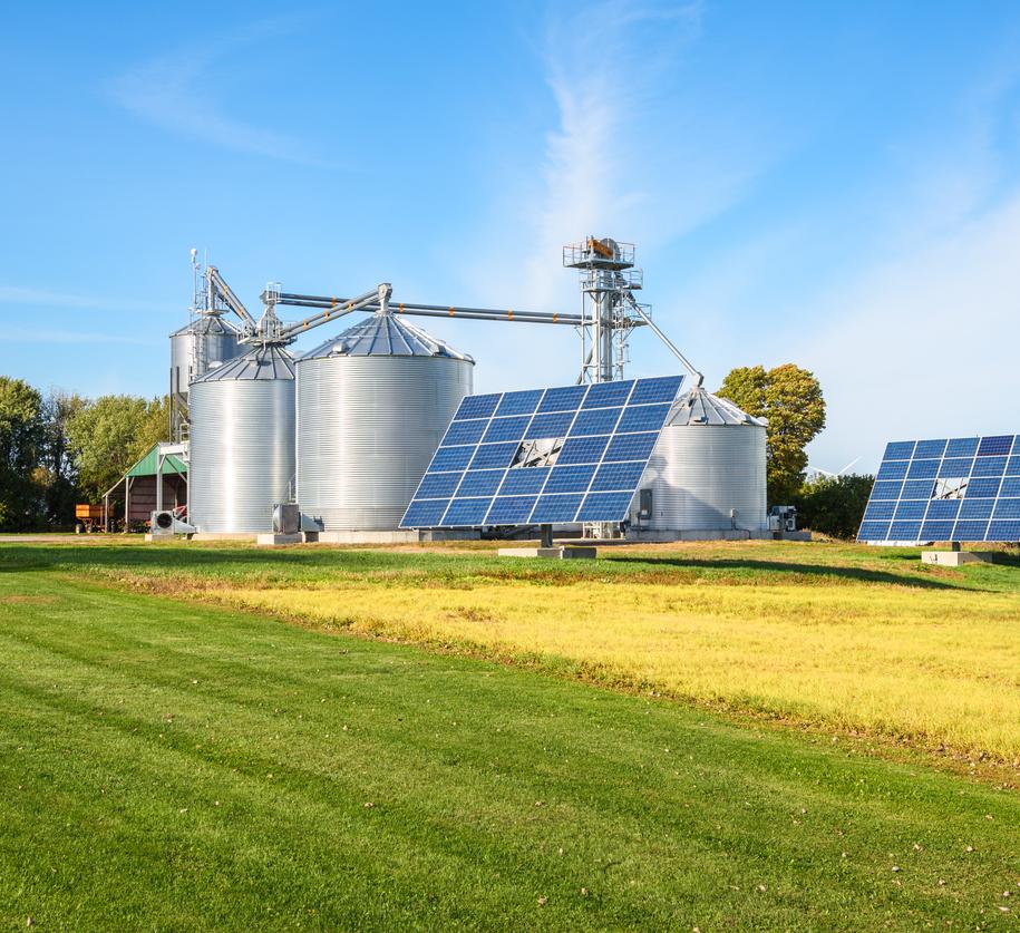 Solar Panels for Electricity Generation on a Farm on an Autumn Day