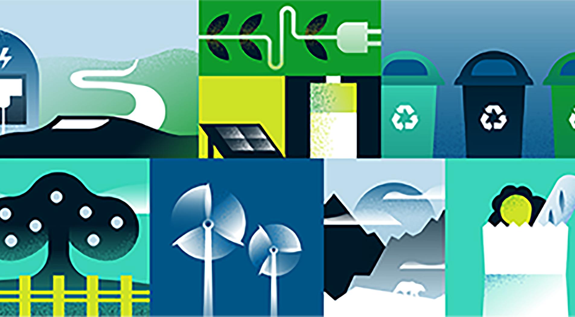 Sustainability Illustrations: electric car; electricity solutions; recycling; agriculture; wind turbines; climate change; eco-friendly products.