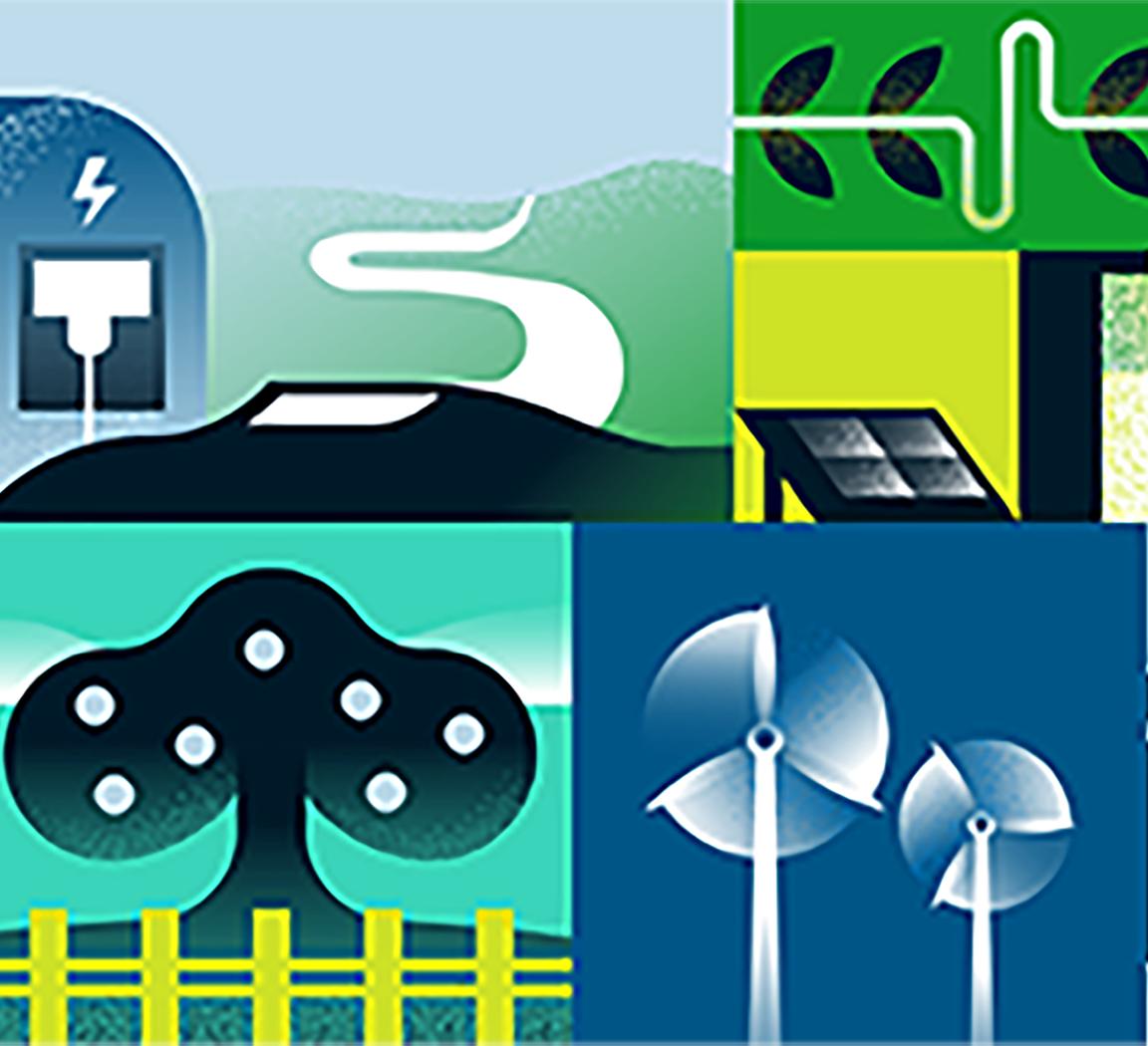 Sustainability Illustrations: electric car; electricity solutions; recycling; agriculture; wind turbines; climate change; eco-friendly products