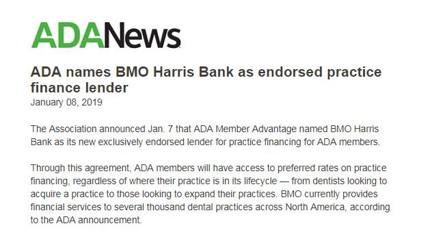 BMO Endorsed as Exclusive Practice Financing Lender for ADA Members.