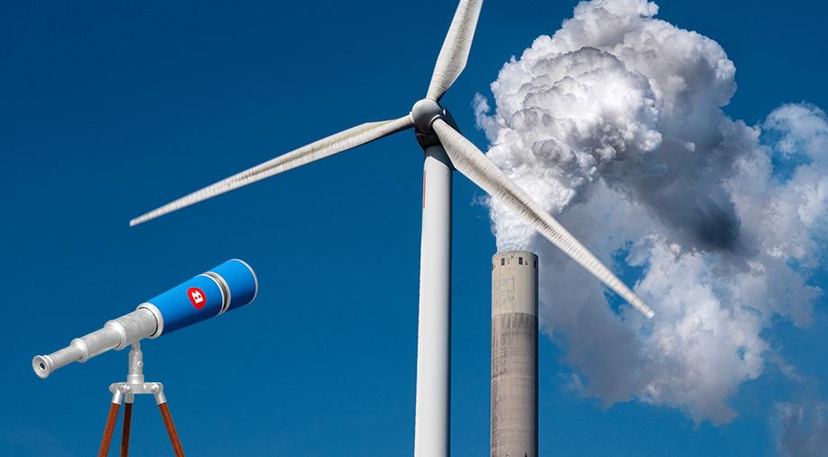 Wind turbine and factory chimney.