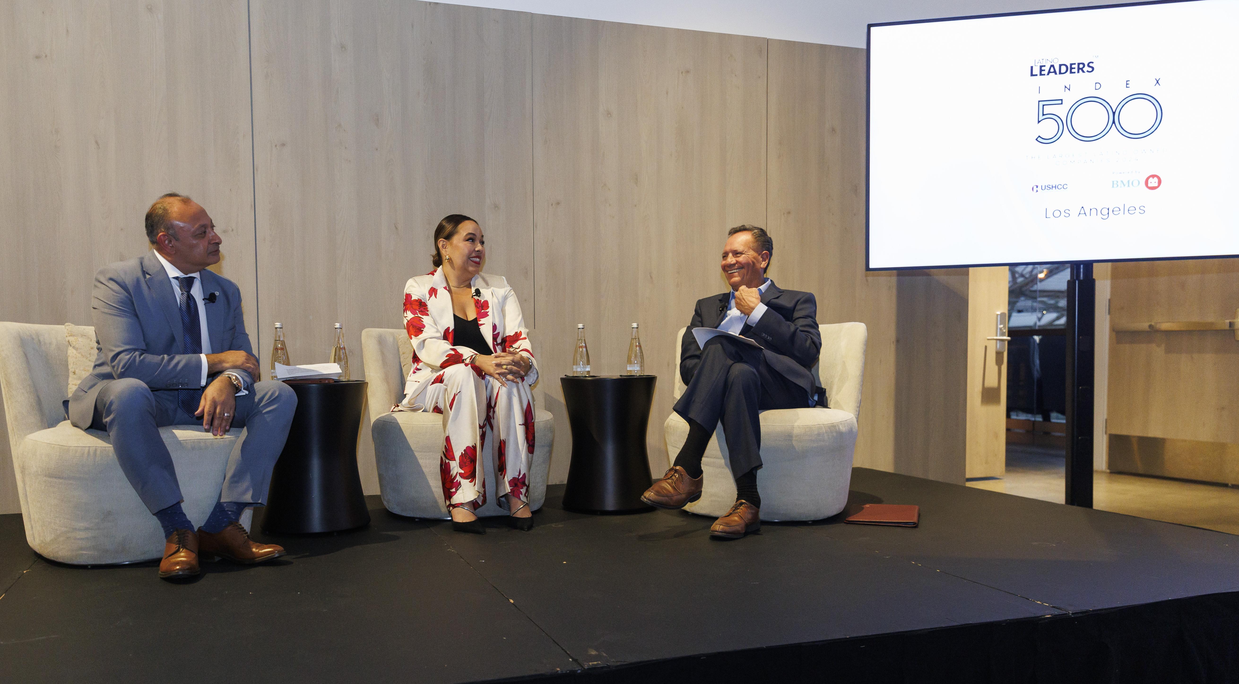 Nadim Hirji sitting down with George L. Pla and Fatima Djelmane Rodriguez.