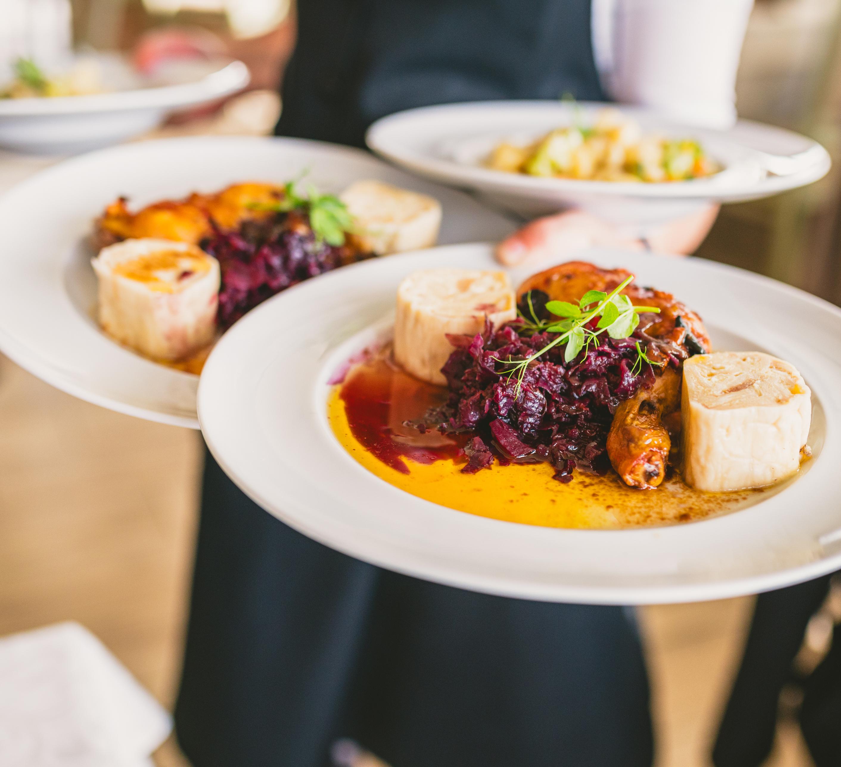 Waiter carrying multiple plates with red cabbage and chicken dish