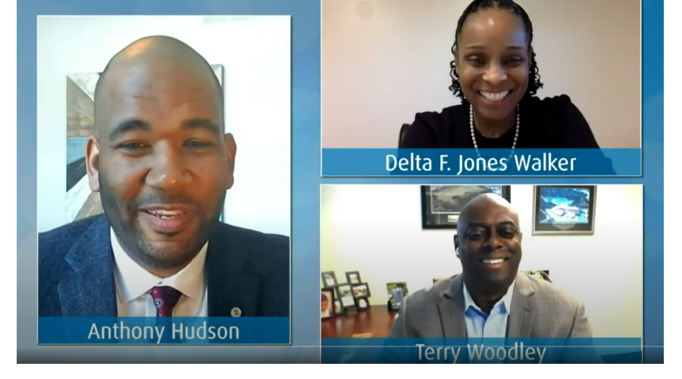 Image of speakers Anthony Hudson, Delta F. Jones Walker, Terry Woodley. Click here to play video. 