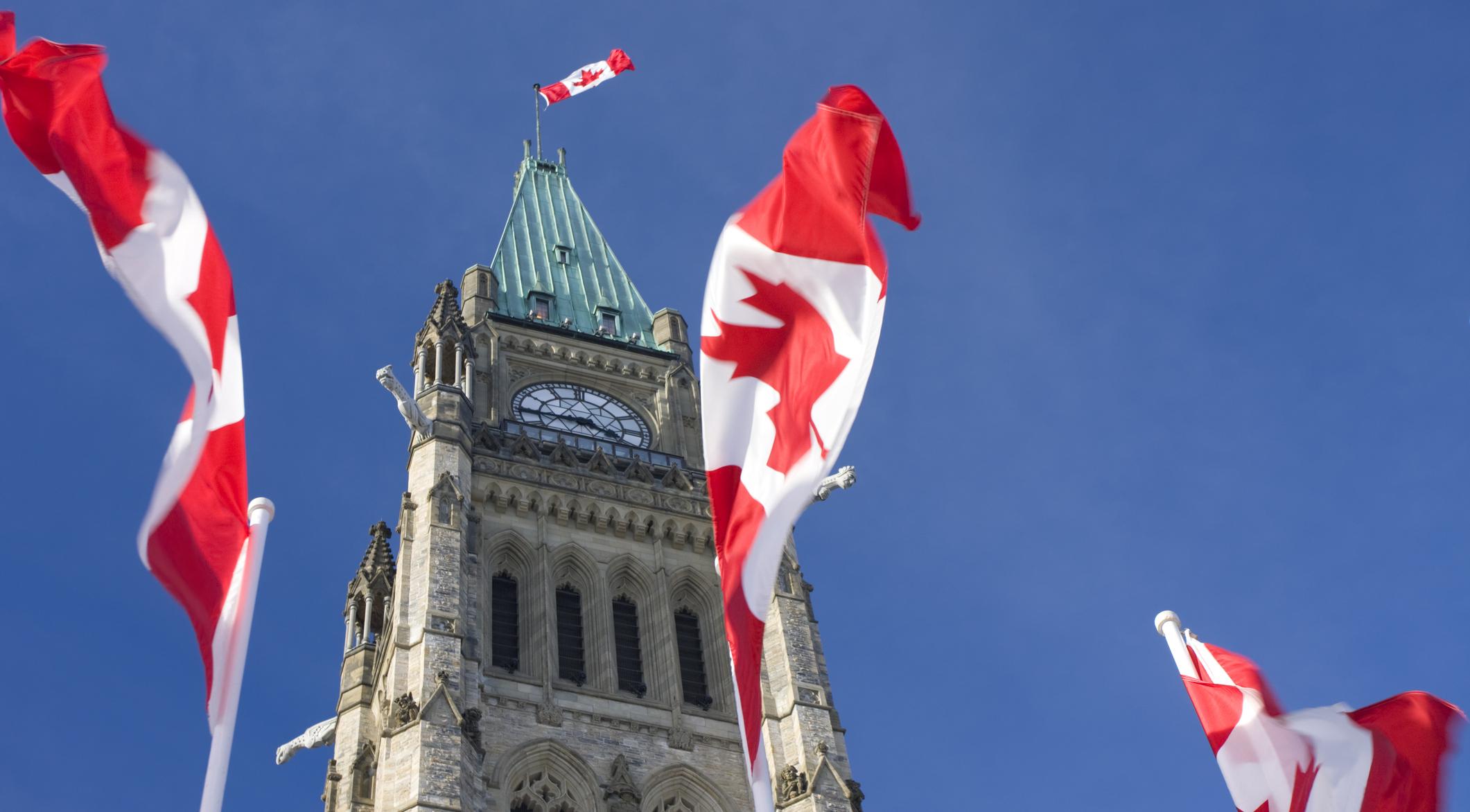 drapeaux autour de l'édifice de la capitale d'Ottawa.