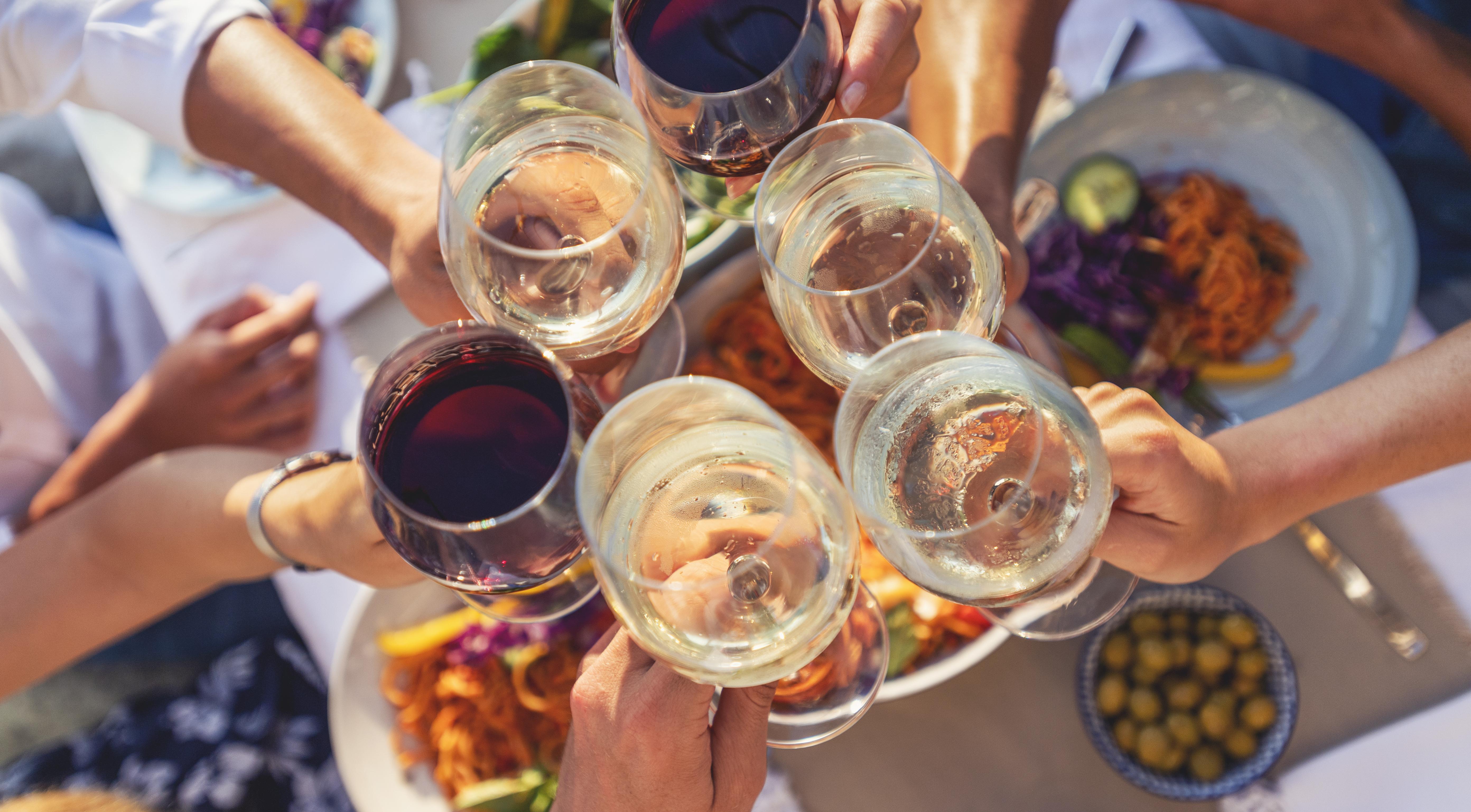 Group of friends having a meal outdoors. They are celebrating with a toast using wine.